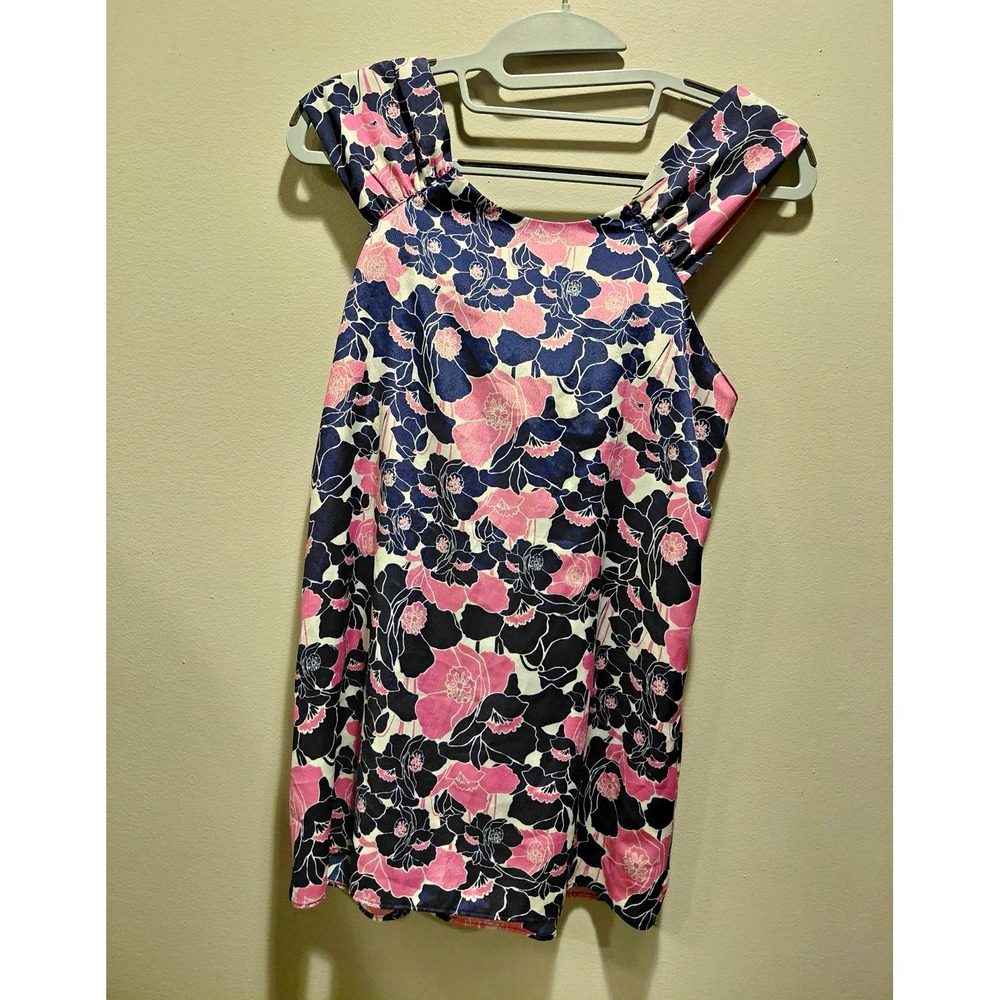 65 Banana Republic Women's Pink/Blue Floral Scoop Neck Ruffle Blouse  S